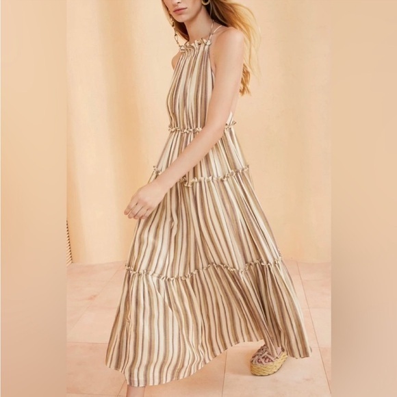 Ulla Johnson Dresses & Skirts - Ulla Johnson Cotton Pinstripe Beige Giulietta Halter Tiered Maxi Sun Dress